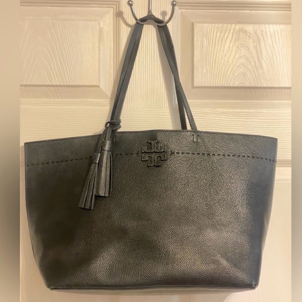 Tory Burch McGraw Black Leather Double-Handle Tote with Tassel
